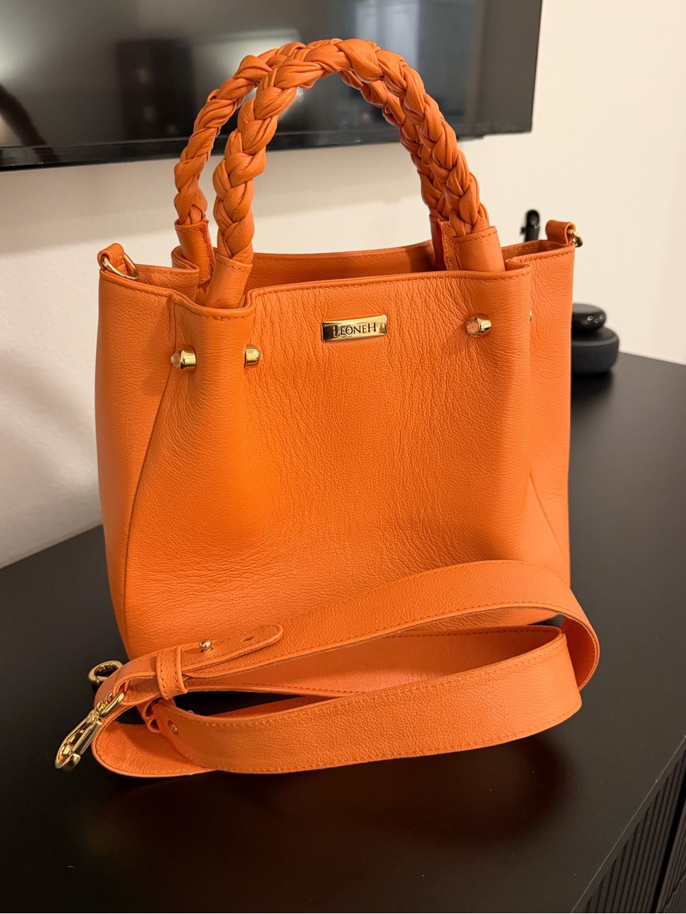 Orange Braided-Handle Leather Bag
